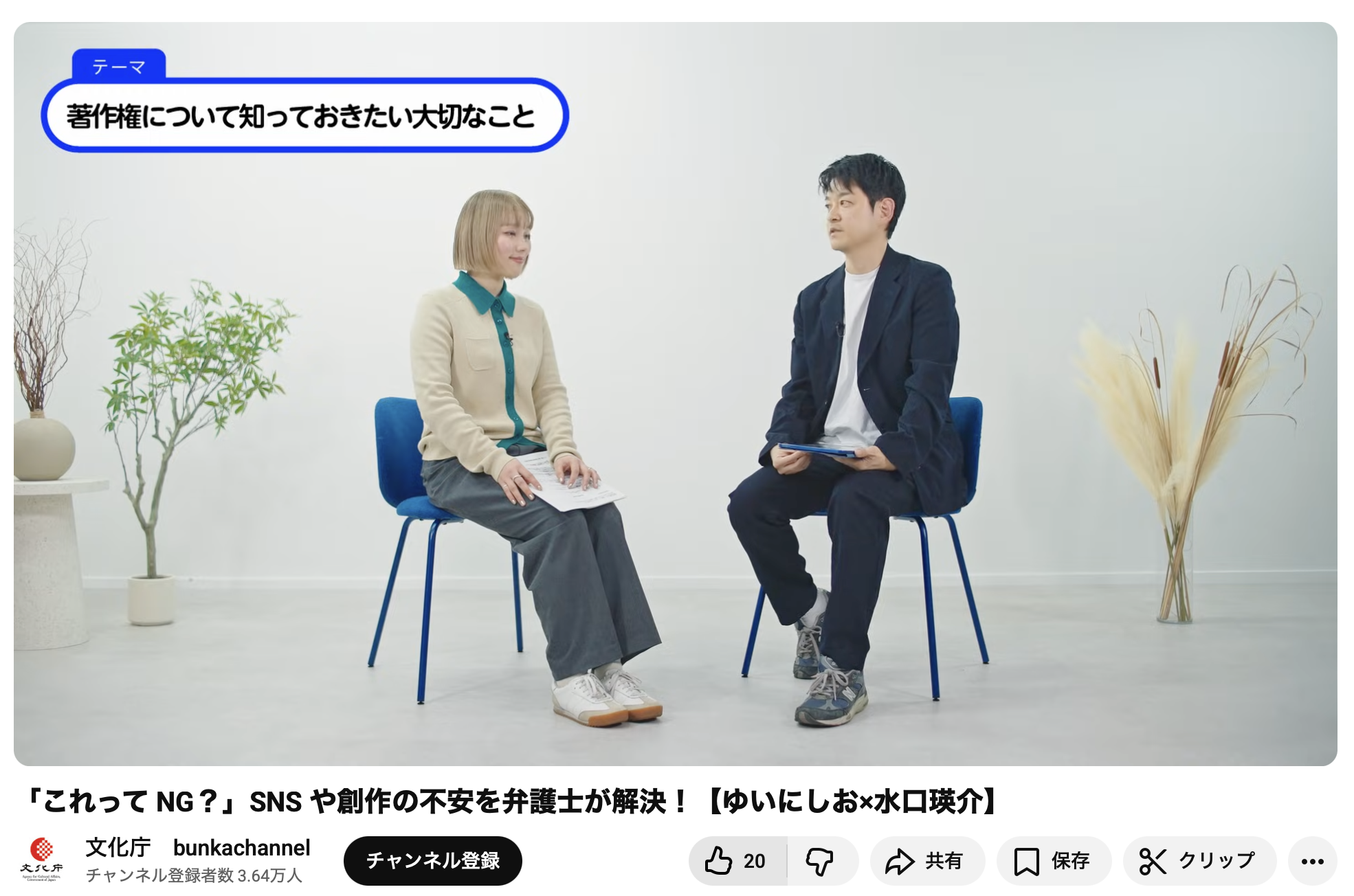 文化庁 著作権普及啓発プロジェクトで文化庁のYouTubeチャンネルに出演しました。